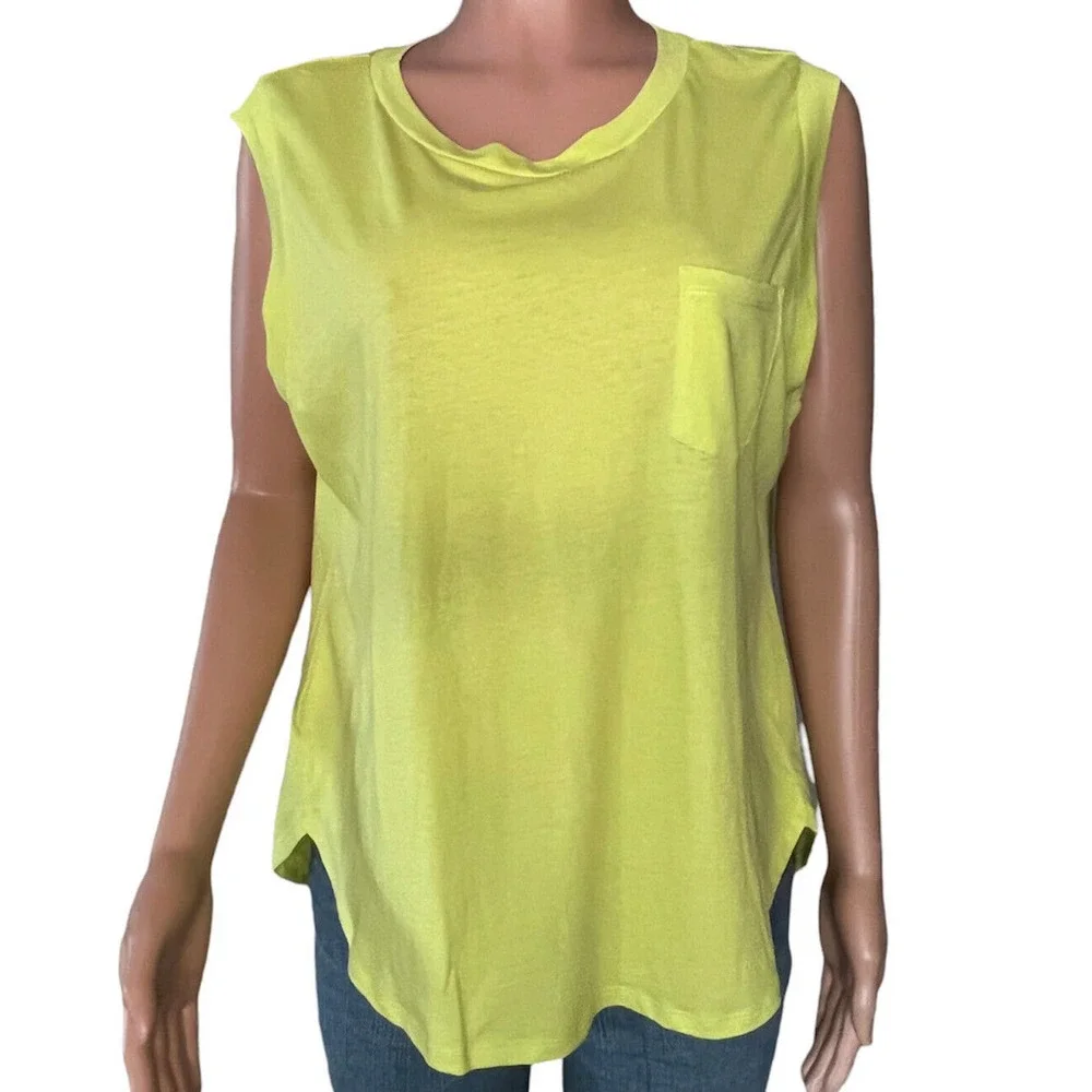 Ann Taylor Loft T-Shirt Womens Large Neon Green Sleeveless Pocket Cotton NEW - Picture 1 of 4